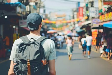 Wanderlust chronicles. Asian adventure unveiled young man with backpack exploring vibrant streets of embracing urban beat and traditional charms of culture