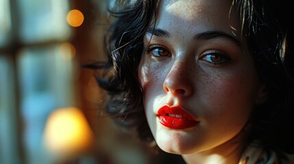  a close up of a woman's face with freckled hair and a red lipstick on her lips. - obrazy, fototapety, plakaty