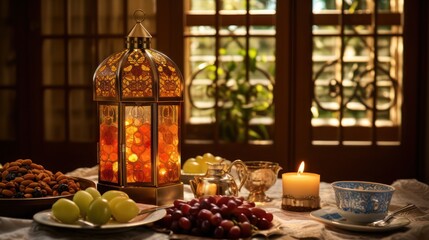 Ramadan kareem and eid al fitr islamic holiday ornament decoration lantern with food and fruits on table