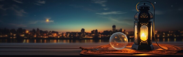 Night panoramic view with candle lantern decorations of the Islamic month of Ramadan