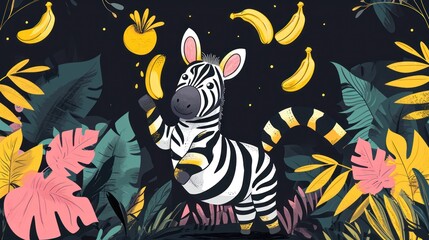  a zebra standing in the middle of a jungle filled with lots of yellow and pink flowers and banana's.