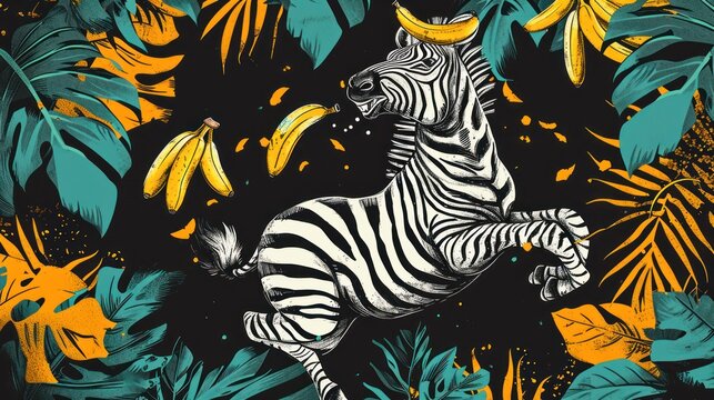  a zebra standing on its hind legs in front of a bunch of banana's and some green and yellow leaves.