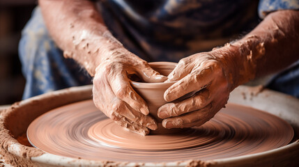 Skilled Craftsman Molding Clay in Close-up Shot. Generative AI.