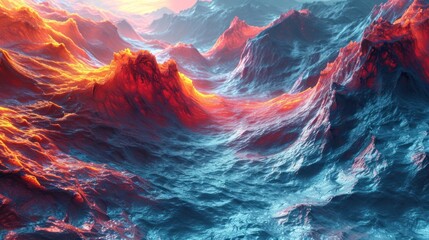  a computer generated image of a mountain range with red, orange, and blue mountains in the center of the image.