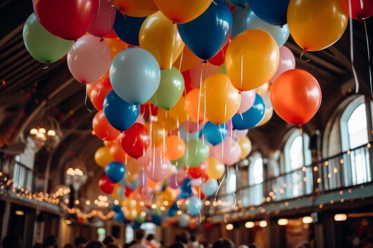 Photo of a child's birthday party with colorful balloons. Generative AI