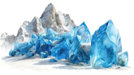  a drawing of a group of blue icebergs in front of a snow covered mountain with snow on the ground.