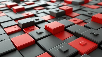  a close up of a bunch of red and black cubes on a black surface with one red square in the middle.