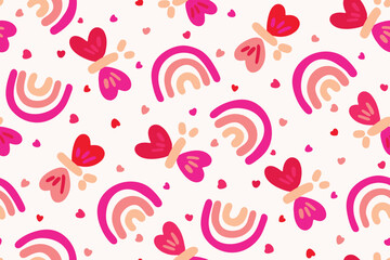 butterflies with rainbows and hearts in a color palette of red, cream and pink on off white background forming a seamless vector pattern. Great for homedecor,fabric,wallpaper,giftwrap,stationery