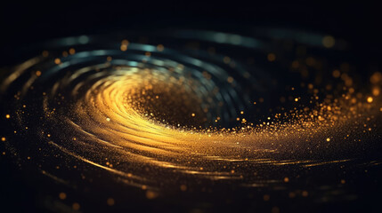 Digital Gold Particles Wave and light abstract background with shining floor particle stars dust. Futuristic glittering Luxury golden sparkling on black background.	
