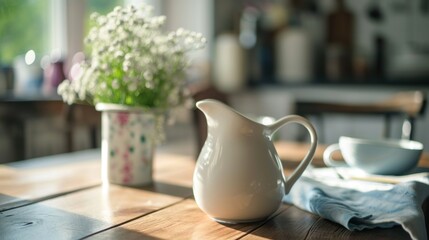  a white pitcher sitting on top of a wooden table next to a vase filled with baby's breath flowers. - obrazy, fototapety, plakaty