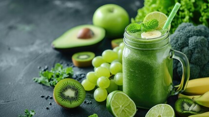 Green health smoothie in glass jar. Kale leaves, lime, apple, kiwi, grapes, banana, avocado, lettuce. Vegan food concept.
