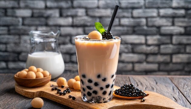 Taste of Taiwan: Delicious Bubble Milk Tea with Tapioca Pearls on Wooden Table