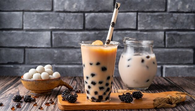 Tea Time Treat: Tempting Bubble Milk Tea Served on a Wooden Table