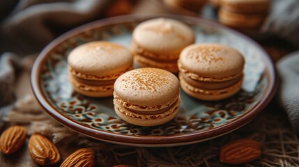  a plate of almond macaroons and almonds on a cloth with a bowl of almonds in the background.