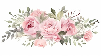 bouquet of pink roses,Watercolor floral illustration. Pink flowers and eucalyptus greenery bouquet. Dusty roses, soft light blush peony - border, wreath, frame. Perfect wedding stationary, greetings,