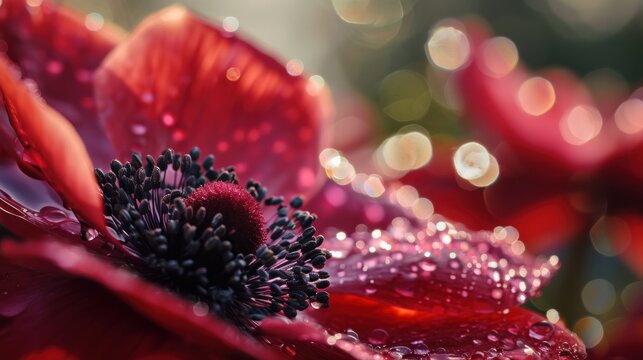 a close up of a red flower with drops of water on it's petals and a blurry background.