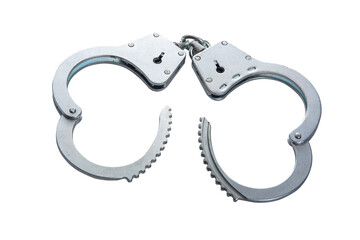 Metal handcuffs on a white isolated background, copy space - obrazy, fototapety, plakaty