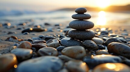  a pile of rocks sitting on top of a beach next to a body of water with the sun setting in the background.