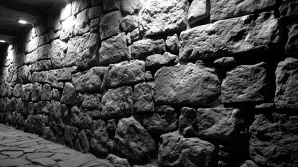  a black and white photo of a stone wall with a light at the end of one of it's sides.