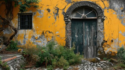 Fototapeta na wymiar a yellow and gray building with a green door and window with a star on the top of the door and a stone pathway in front of it.