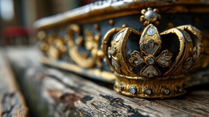  a close up of a gold crown on top of a wooden bench on a sunny day with a blurry background.