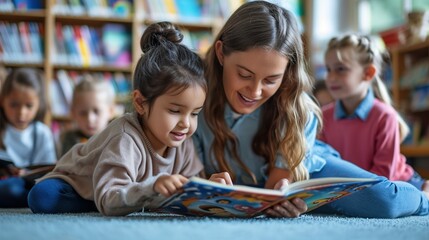 A Teacher reading a book with girl student children kindergarten pre-school childcare - obrazy, fototapety, plakaty
