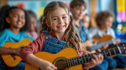 Group of students children kindergarten pre-school learning guitar class music class
