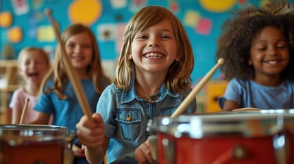 Group of students children kindergarten pre-school learning drums music class