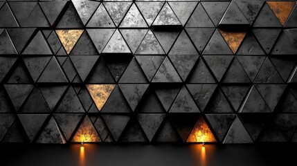  a group of candles that are in front of a wall with a pattern of triangles on the side of it.