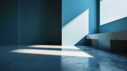  an empty room with blue walls and a bench in the middle of the room with a long shadow on the floor.