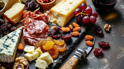  a variety of cheeses, nuts, and meats on a slate platter with a bottle of wine in the background.