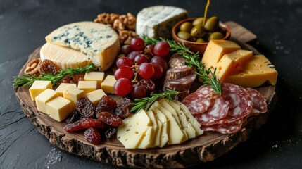  a platter of cheeses, meats, nuts, and cheeses is displayed on a wooden platter.