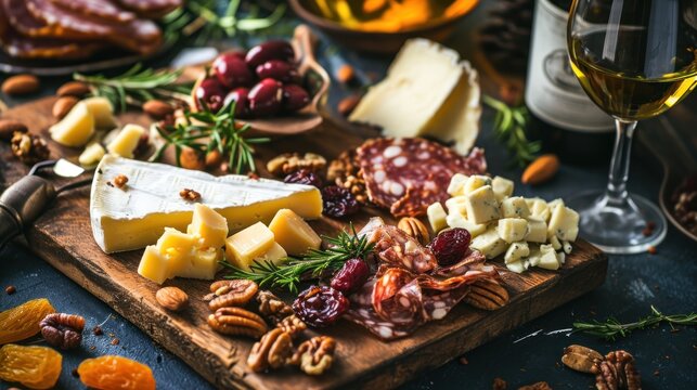 a variety of cheeses and nuts on a cutting board with a glass of wine and a bottle of wine in the background.