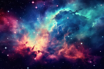 A vibrant tapestry of the cosmos unfolds in hues of blue, pink, and purple, showcasing the dynamic beauty of nebulae, stars, and interstellar clouds in a celestial spectacle. - obrazy, fototapety, plakaty