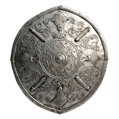 A round metallic knight's shield with ornaments and embellishments, isolated as a PNG.