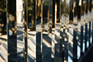  a close up of a metal fence with a reflection of trees in the glass on the side of the fence.