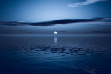 The blue moon hung over the surface of the calm ocean. - obrazy, fototapety, plakaty