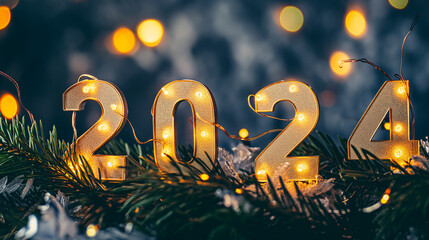 Golden light lamps spelling "2024 ", dark background