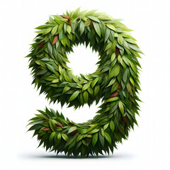 The number 9 is made out of leaves, leaves number, on a White background, isolated on white, photorealistic	
