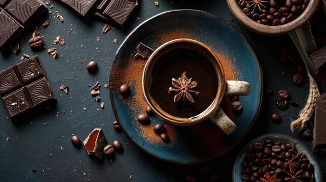  a cup of coffee sitting on top of a blue saucer next to a bowl of coffee beans and chocolate.