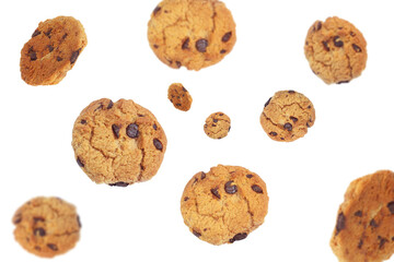 Delicious chocolate chip cookies falling on transparent background png