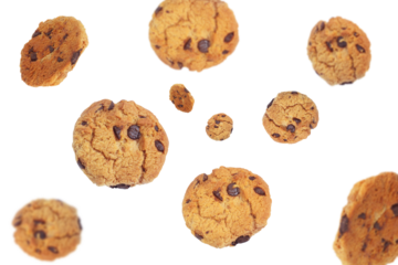 Delicious chocolate chip cookies falling on transparent background png
