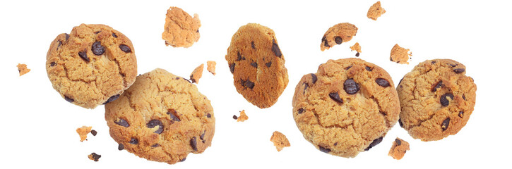 Flying Chocolate chip cookies and crumbs on transparent background png