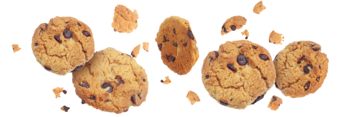 Flying Chocolate chip cookies and crumbs on transparent background png