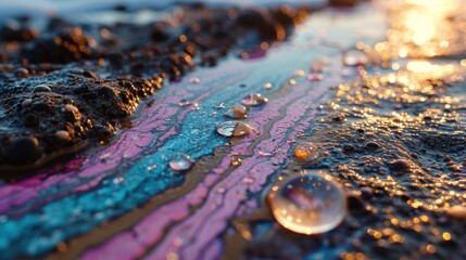  a close up of water droplets on a wet surface with a blue strip in the middle of the picture and a pink strip in the middle of the picture.