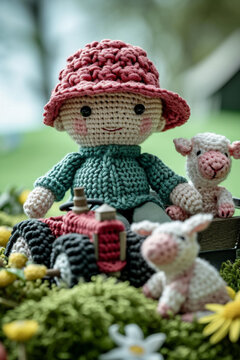 An image of a knitted farmer, with a tiny tractor and knitted farm animals.