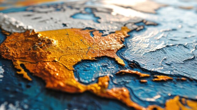  a close - up of a map of the united states painted in gold, blue, and silver on a piece of wood.