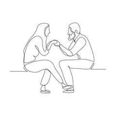 Continuous single line sketch drawing of romantic couple talking conversation together with love. One line art of valentine couple romance concept vector illustration