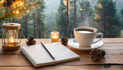 Cup of coffee, opened notebook and pencil on wooden table against forest background