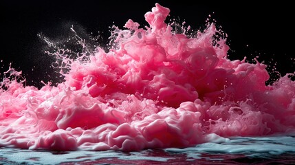  a mixture of pink and white paint splashing on top of each other in front of a black back ground.